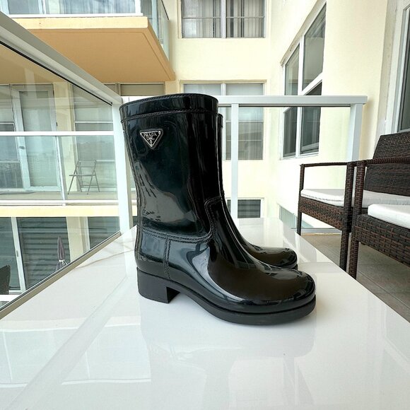 PRADA Black Sport Mid Calf Rubber Rain Boots Women Size 7 - Picture 7 of 12